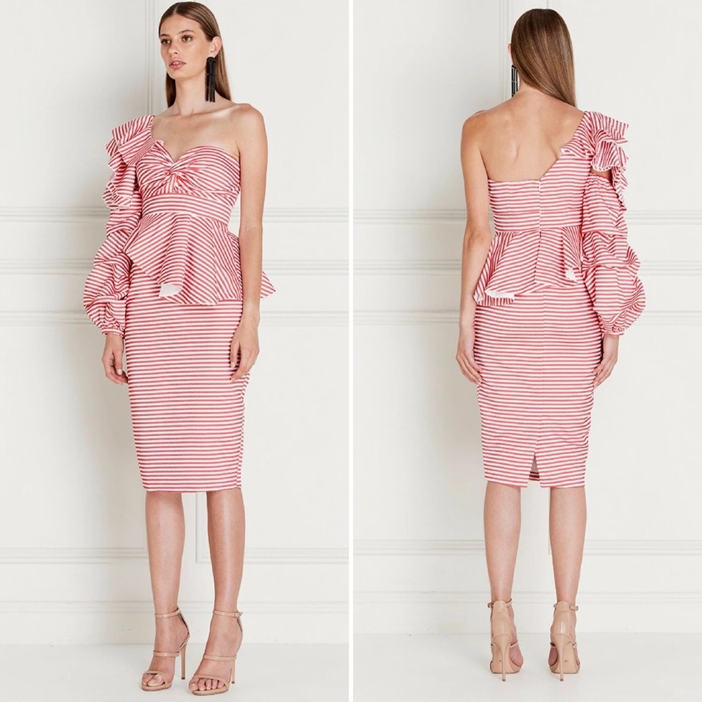 Asilio Epoch Red and White Stripe One Shoulder Dress